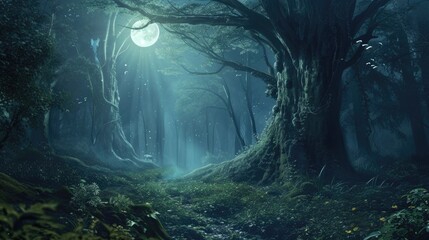 Fototapeta na wymiar A captivating digital artwork of an enchanted forest bathed in moonlight, with magical glows and sparkling light among ancient trees. Resplendent.