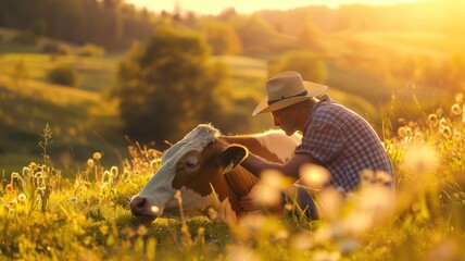 Farmer patting a cow.