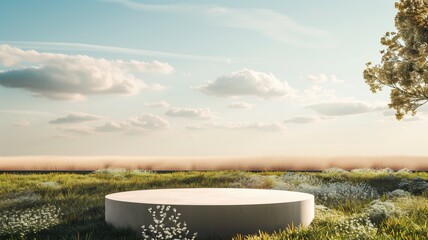 An earth-toned podium stands in a serene outdoor field. - obrazy, fototapety, plakaty