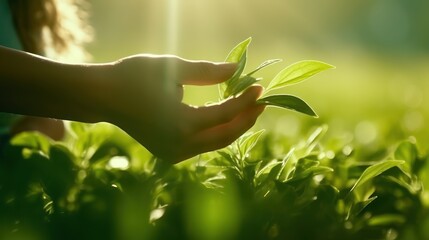 Farmer is collecting green tea leaves. Female hands close-up.