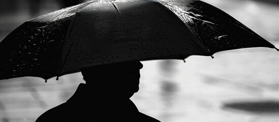 Silhouette of a man carrying an umbrella during heavy rain