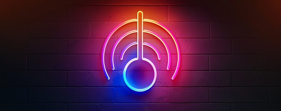 Neon sign depicting a simple Podcast icon with glowing lines, set against a minimalist light banner