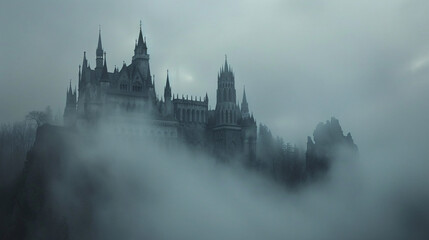 Majestic Gothic Castle Enshrouded in Mist on a Forested Hill