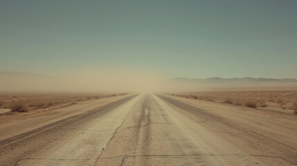 Endless Straight Desert Road with Heat Mirage and Dusty Horizon