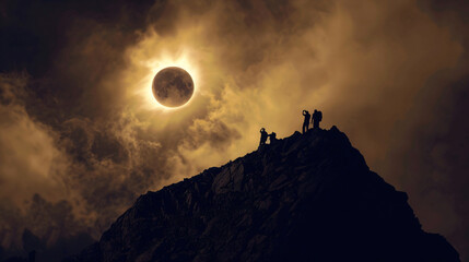 Spectacular Solar Eclipse Viewed from Mountain Summit with Silhouetted Hikers