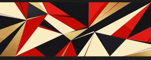Minimalist red, gold, and black geometric artwork with sharp lines and high contrast.