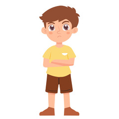 Angry child. A boy in a yellow shirt expresses anger. Excitement and frowning. Cartoon characters, vector illustration isolated on white background.