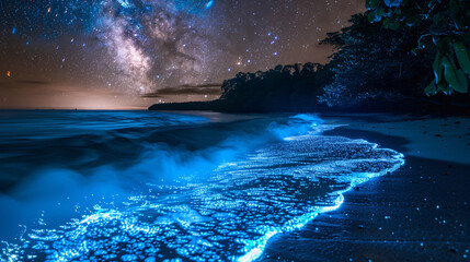 Obraz na płótnie Canvas Bioluminescent Tide on a Tropical Beach under Starry Night Sky