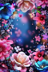 Bunch of Flowers on Blue Background