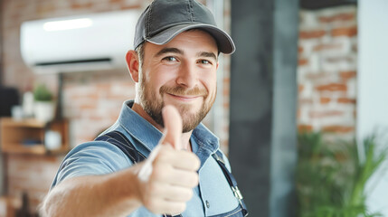 Professional technician in overalls smiles and shows a thumbs up against the background of a brick light wall. Maintenance and repair of air conditioners in the office. Copy space for text.