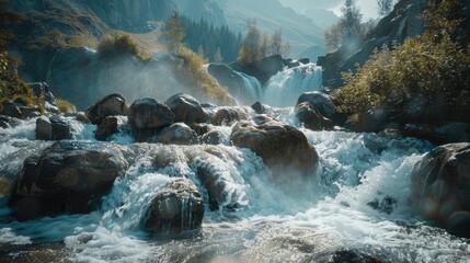 Water cascading over boulders in a mountain landscape