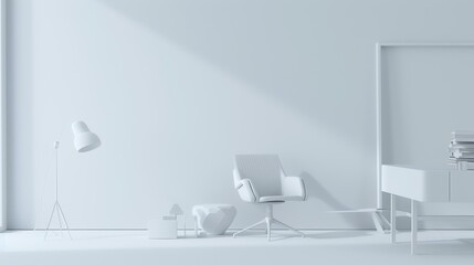 3d rendering of a modern office interior with a white wall and a chair