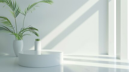 3d render of white minimal geometric podium with palm tree in pot