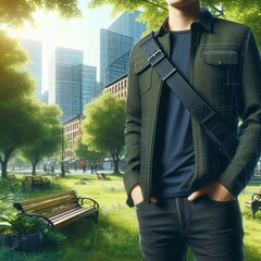 A person in an outdoor setting wearing a dark blue shirt and a green jacket, with a black strap across the chest, standing in a park with trees, a bench, and buildings in the background - obrazy, fototapety, plakaty