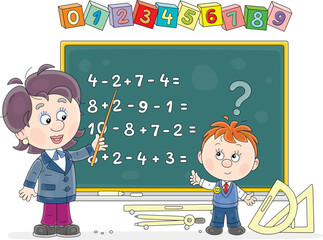 Teacher pointing to a blackboard and asking an answer to a math problem from a little schoolboy during a mathematics lesson in primary school, vector cartoon illustration on a white background