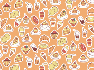 Seamless pattern of food and drink, fast food, sweets, cookies, coffee. Hand drawn vector colorful doodles in flat style.