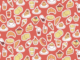 Seamless pattern of food and drink, fast food, sweets, cookies, coffee. Hand drawn vector colorful doodles in flat style.