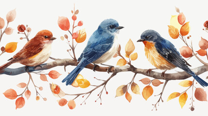 a painting of three birds sitting on a branch