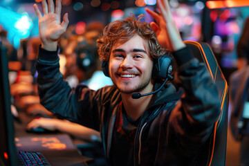 Fototapeta na wymiar happy teenage esports player smiles and joy at winning team esports competitions in arena