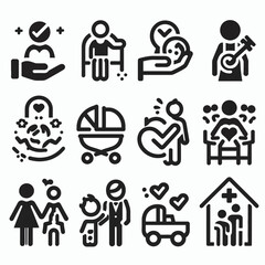 outline child care icon set silhouette vector illustration white background. Set of line icons related to child care, international children day, kid rights, parenthood