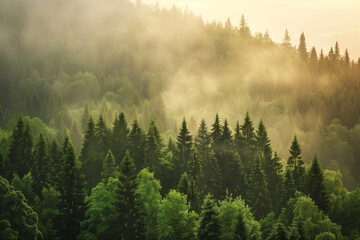 dense forest landscape at dawn, light mist, soft focus