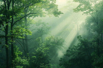 dense forest landscape at dawn, light mist, soft focus