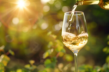 White wine being poured into a wine glass at sunset.
