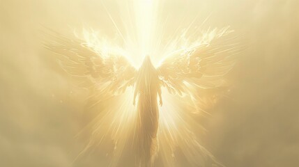 Holy Spirit shown as an angel with wings and glimmering light emanating from its body against a soft white background