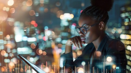 Black woman, tablet, stock market trading, hologram or city overlay on global forex data. Thinking, female trader, and fintech graphs on digital technology, erp investment, and future finance economy