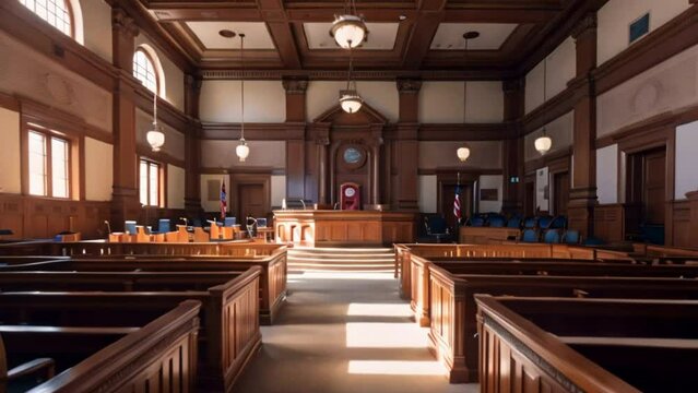 Interior of Empty courtroom or courtroom.