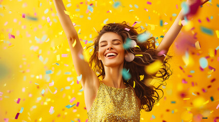 Happy woman in sparkling dress on the yellow background of confetti