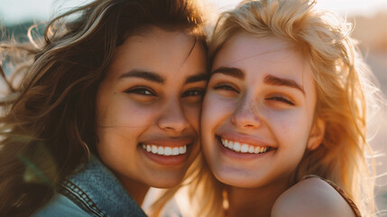 Portrait of two young multiethnic women in warm clothing looking at each other