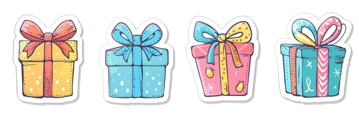 Colored stickers and drawings of a cartoon gift box icon for holiday and birthday celebrations.