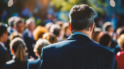 Rear view of a businessman standing in front of a crowd of people