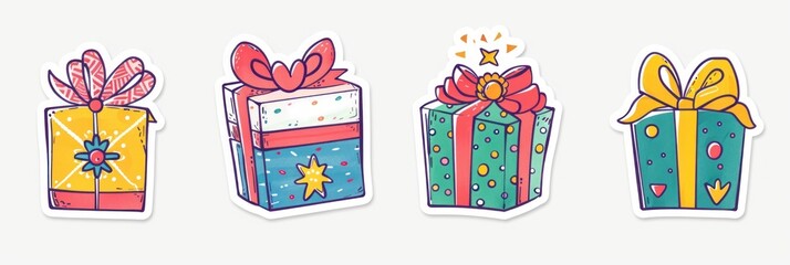 Colored gift box stickers and drawings for holiday and birthday celebrations.