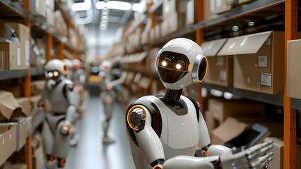 AI robot in factory replacing human workers in manual production tasks. Concept AI Technology, Automation, Robotics, Industrial Revolution, Future of Work