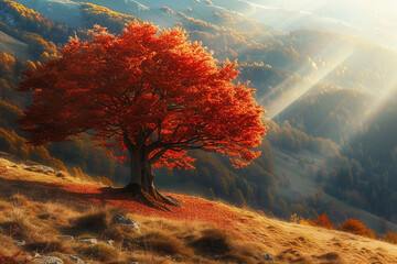 Magnificent beech tree standing alone in an alpine valley, shaded by sun beams on a hillside. vibrant, dramatic morning scene. Autumn foliage, red and yellow. - obrazy, fototapety, plakaty