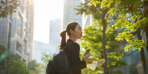 Japanese woman walks with phone and earphones in city, smiling, listening to music near buildings. Person, pedestrian, and smartphone with radio app and audio streaming subscription on metro street