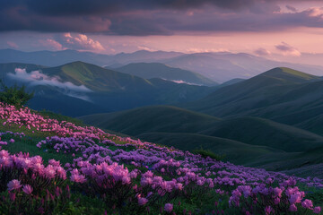 Wonderful sight with hills covered in flowers and lit up by the setting light. The Carpathian Mountains are located in Ukraine, Europe. Beautiful picture wallpaper.
