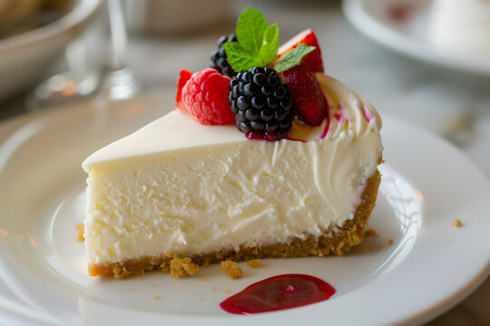 A slice of cheesecake on a white plate topped with different berries 