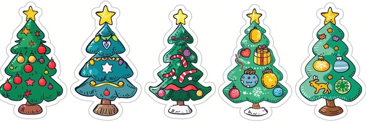 Cartoon Christmas tree clipart set for holiday decorations and festive clipart, isolated on a white background. - obrazy, fototapety, plakaty
