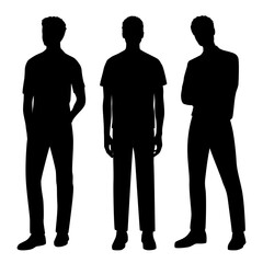 Vector silhouettes of three men standing, profile, business people, black color, isolated on white background