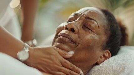 Back massage and senior woman in wellness, healing, and luxury resort for health therapy. Elderly Colombian woman relaxing with therapist via body care and self-care.