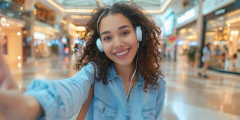 Black woman influencer, selfie, peace sign, smiling, smartphone, urban shopping mall wandering. Happy, phone, and woman with hand motion for social media, web, or app at Atlanta mall.