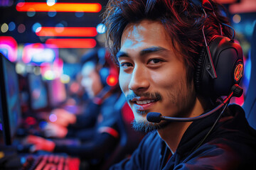 happy smiling young asian man gamer player sitting in armchair have fun and joy at esports...