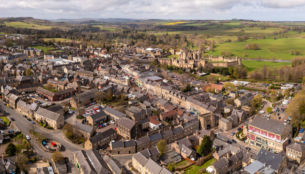 Aerial landscape view of Alnwick town centre in Northumberland, UK