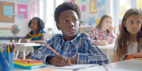 Boys and pupils in a classroom, creative writing, lessons, or notebooks. Drawing, youngsters with inspiration, teaching or testing ideas, learning or growth