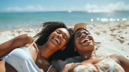 Fototapeta premium Summer vacations, beach excursions, and friends in Bali enjoying foreign lifestyle and relaxation. African woman smile for sunshine on the sand beside the sea.