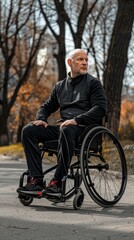 stretching, health, wheelchair with man in park for disability, workout, and fitness. Morning wellness, exercise with impaired person, and nature warm-up for sports, challenge, and performance