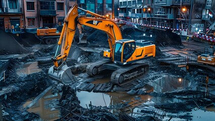 The significance of heavy machinery in construction highlighted by powerful excavator. Concept Construction Technology, Heavy Machinery, Excavator Operations, Infrastructure Development